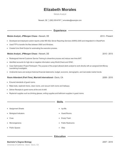 Metals Analyst Resume