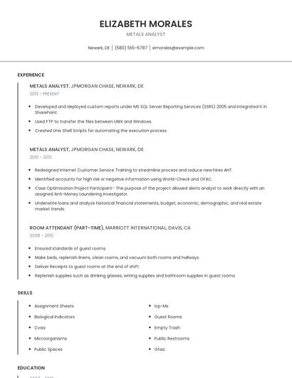 Metals Analyst Resume