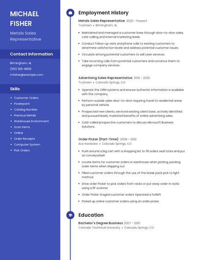Metals Sales Representative Resume