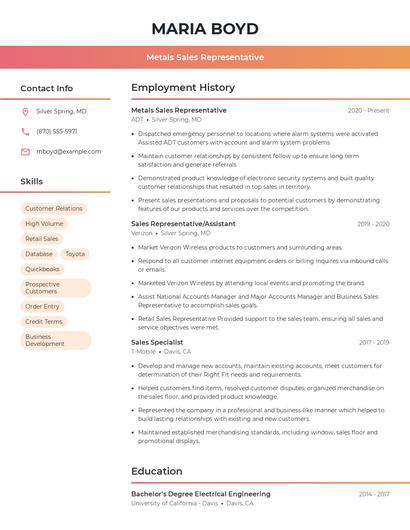Metals Sales Representative Resume