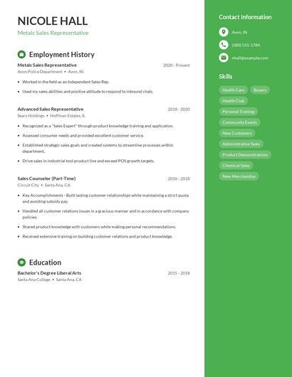 Metals Sales Representative Resume