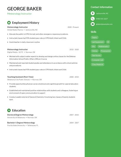 Meteorology Instructor Resume