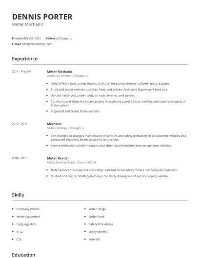 Meter Mechanic Resume