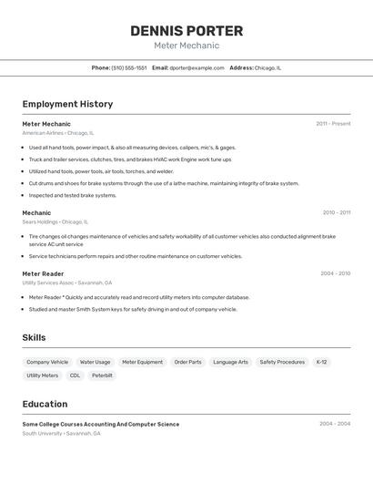 Meter Mechanic Resume
