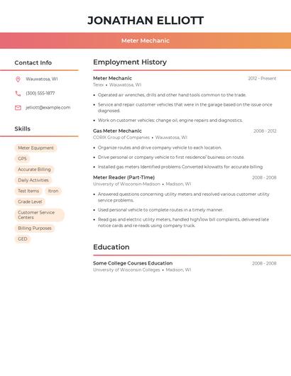 Meter Mechanic Resume