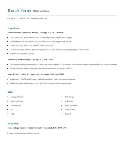 Meter Mechanic Resume