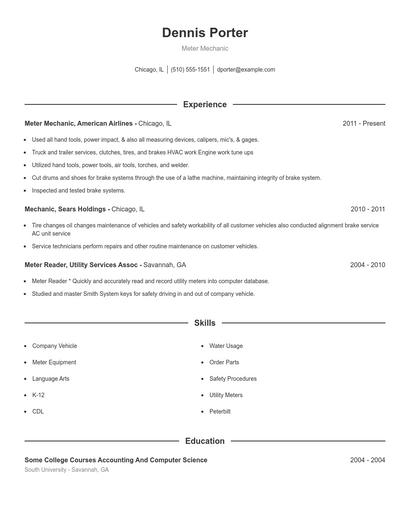 Meter Mechanic Resume