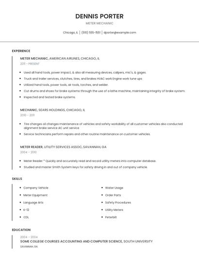 Meter Mechanic Resume