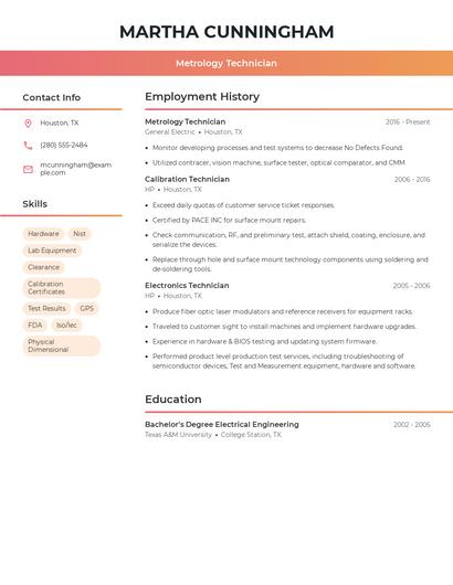 Metrology Technician Resume