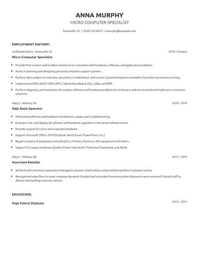 Micro Computer Specialist Resume