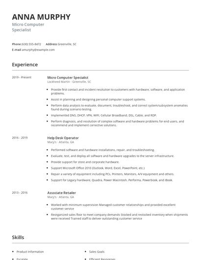 Micro Computer Specialist Resume