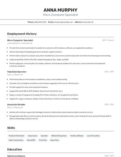 Micro Computer Specialist Resume