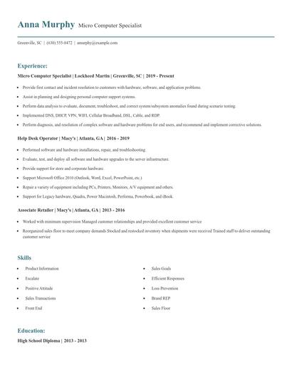 Micro Computer Specialist Resume