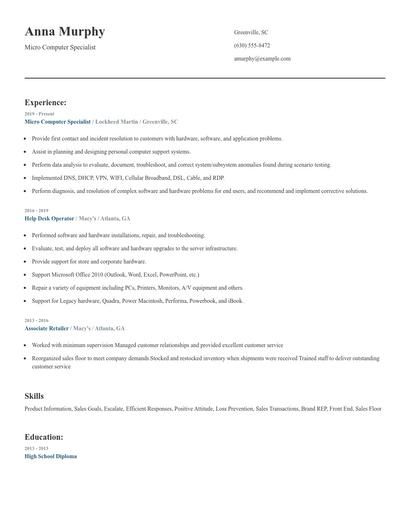 Micro Computer Specialist Resume