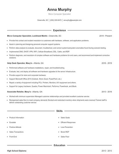 Micro Computer Specialist Resume