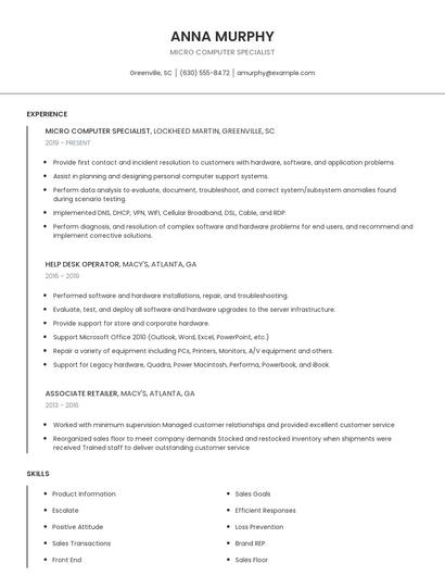 Micro Computer Specialist Resume