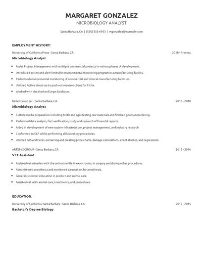 Microbiology Analyst Resume