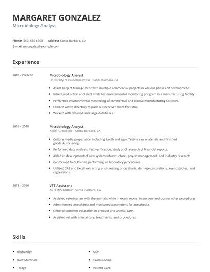 Microbiology Analyst Resume