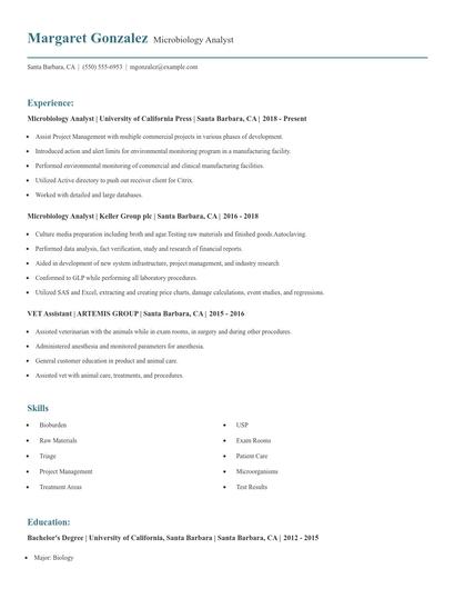 Microbiology Analyst Resume