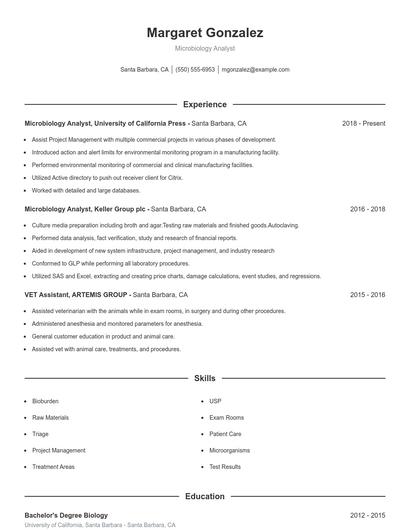 Microbiology Analyst Resume