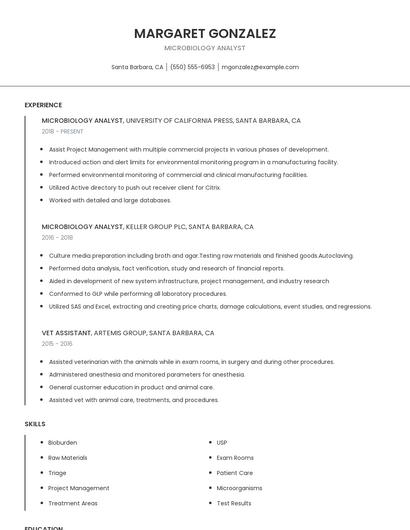 Microbiology Analyst Resume