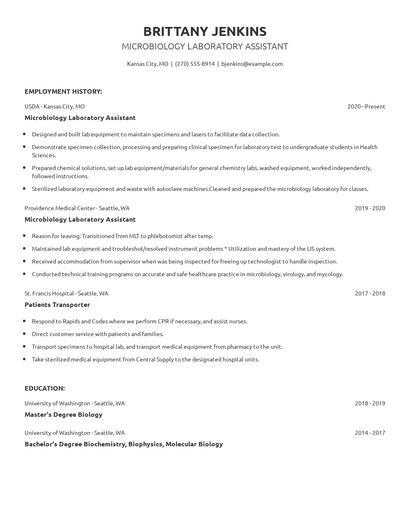 Microbiology Laboratory Assistant Resume