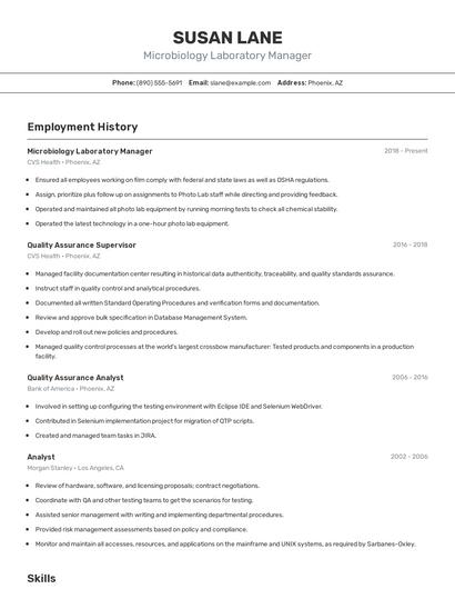 Microbiology Laboratory Manager Resume