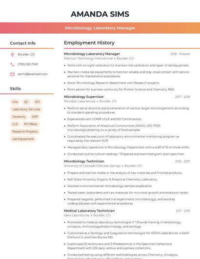 Microbiology Laboratory Manager Resume