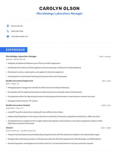 Microbiology Laboratory Manager Resume