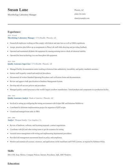 Microbiology Laboratory Manager Resume