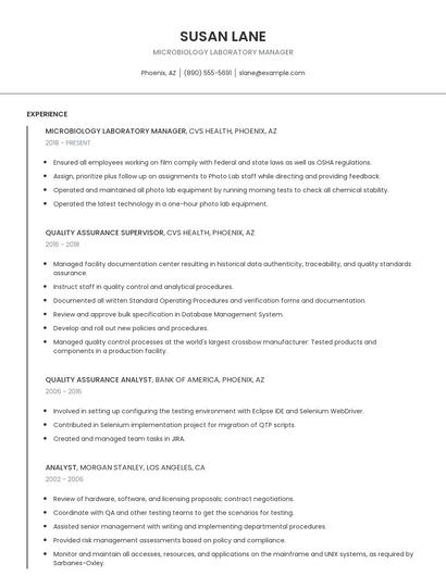 Microbiology Laboratory Manager Resume