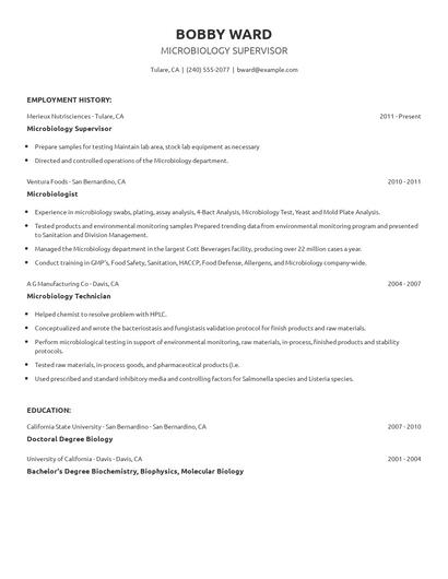 Microbiology Supervisor Resume