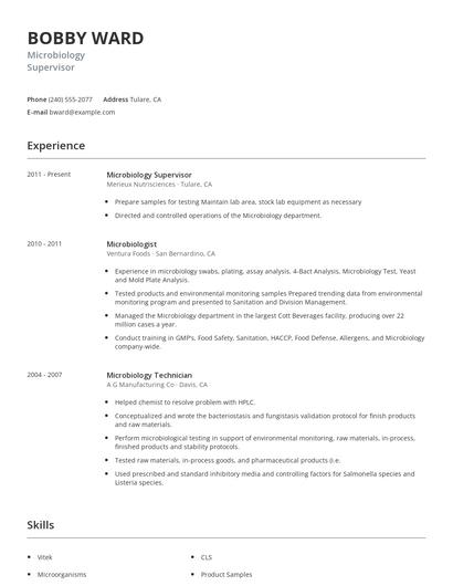 Microbiology Supervisor Resume