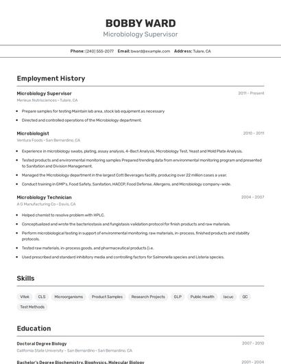 Microbiology Supervisor Resume