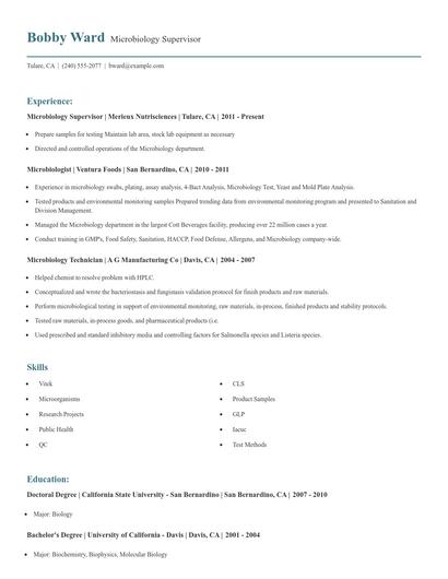 Microbiology Supervisor Resume