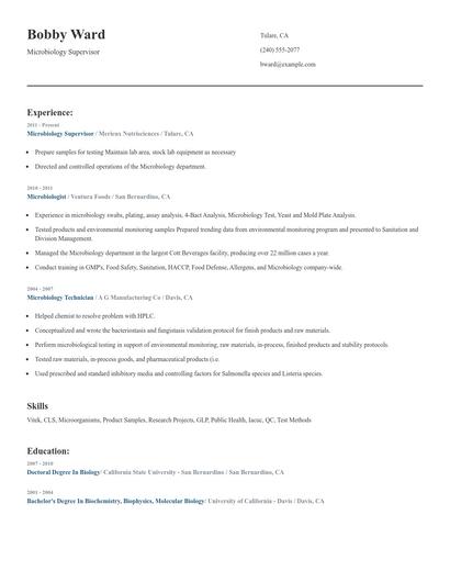 Microbiology Supervisor Resume