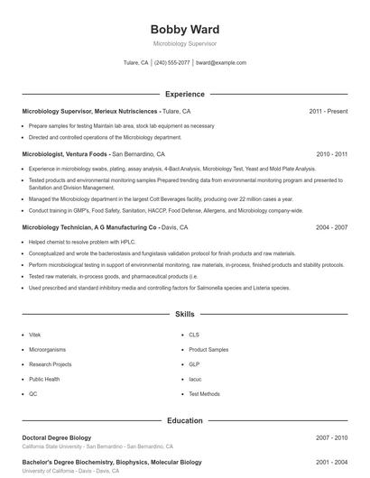 Microbiology Supervisor Resume