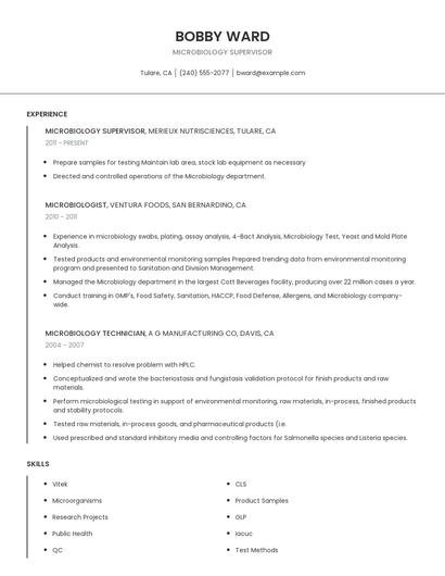 Microbiology Supervisor Resume