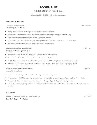 Microcomputer Technician Resume