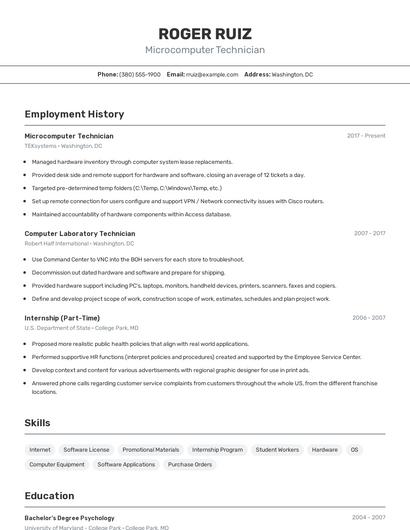 Microcomputer Technician Resume