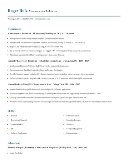 Microcomputer Technician Resume