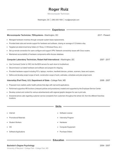 Microcomputer Technician Resume
