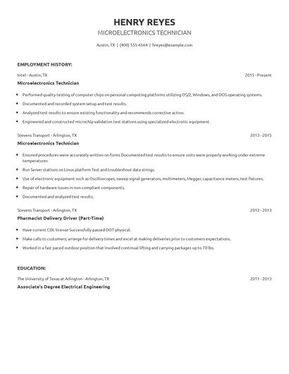 Microelectronics Technician Resume