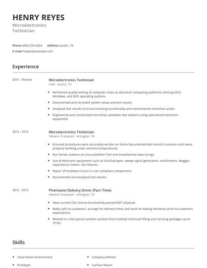 Microelectronics Technician Resume
