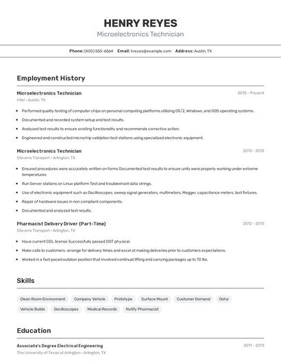 Microelectronics Technician Resume