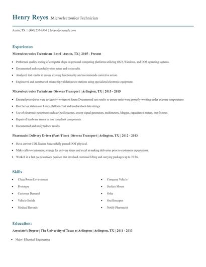 Microelectronics Technician Resume