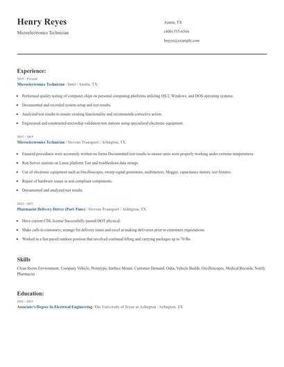 Microelectronics Technician Resume