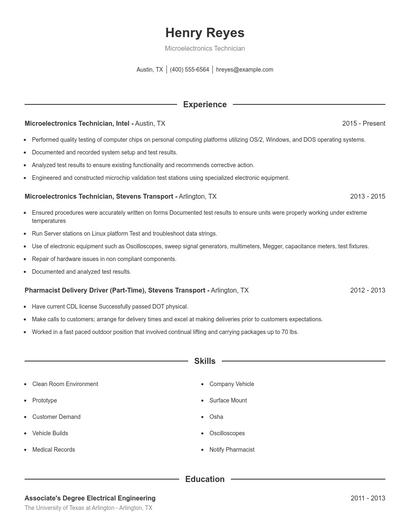 Microelectronics Technician Resume
