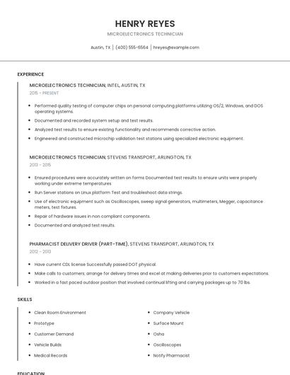 Microelectronics Technician Resume
