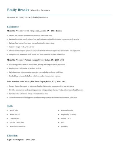 Microfilm Processor Resume